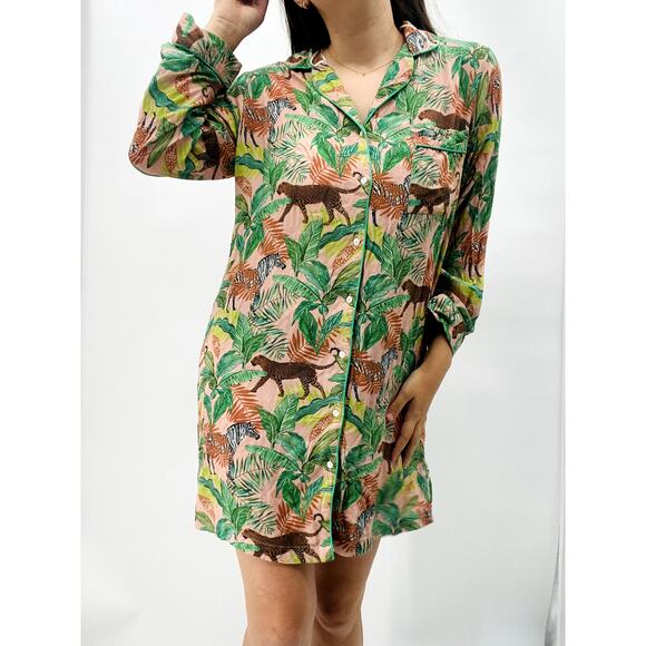 World Market S/M green Jungle Print Viscose Long Sleeve Night Shirt - Picture 3 of 8